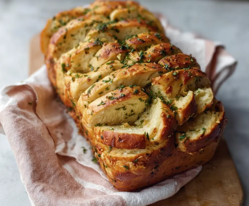 Delicious sourdough discard garlic pull apart bread fresh out of the oven, showcasing golden bubbles and garlic topping.
