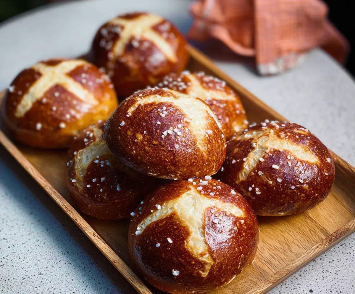 Delicious homemade sourdough discard pretzel buns on a rustic wooden surface.