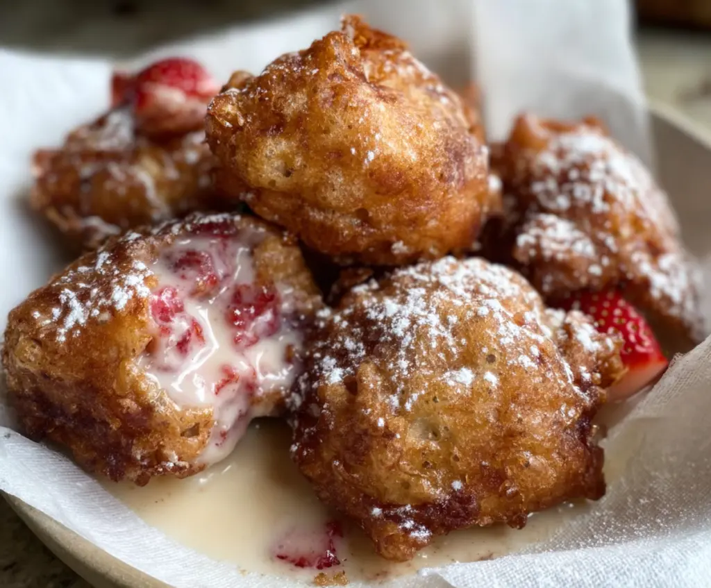 Delicious sourdough discard strawberry fritters with crisp golden exterior and fresh berry filling.