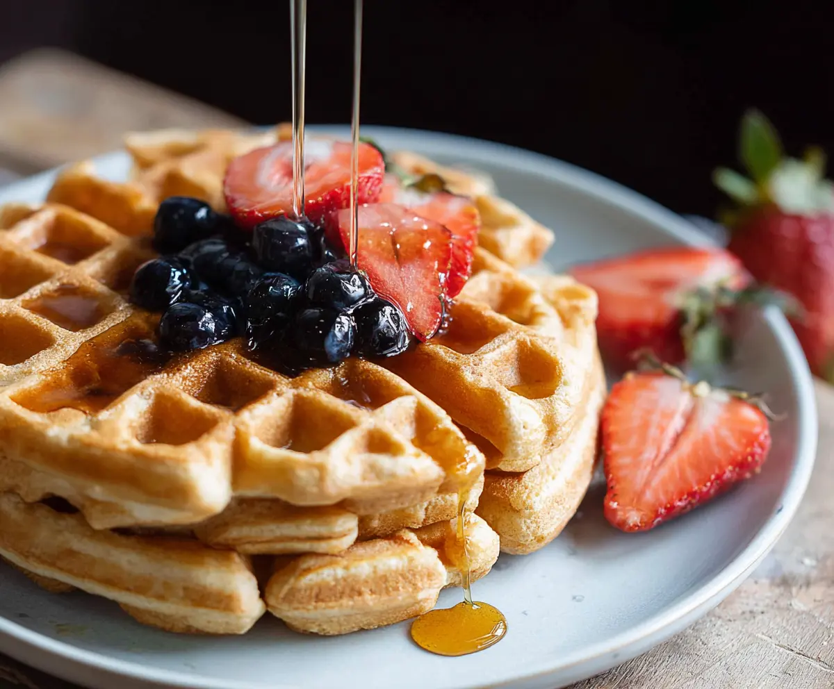 Golden brown sourdough discard waffles served on a plate with butter and syrup.