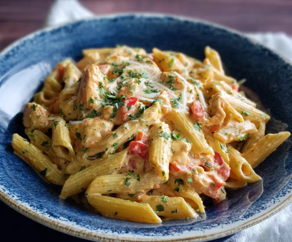 Creamy Southwest Alfredo Penne Pasta with chicken, peppers, and melted cheese served on a plate.