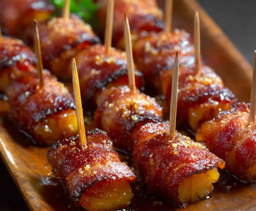 Delicious spicy brown sugar glazed bacon wrapped pineapple bites on a platter.