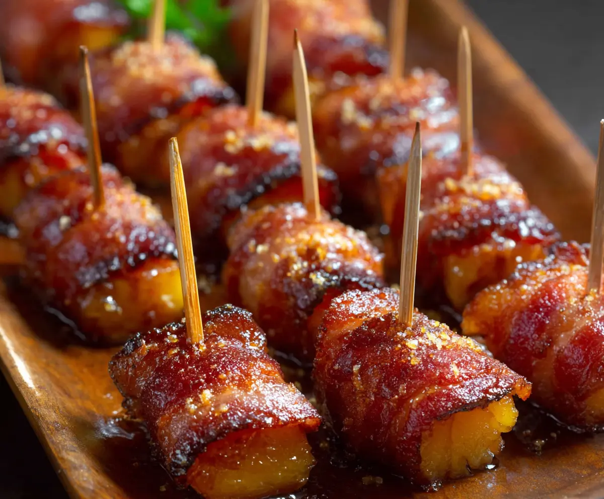 Delicious spicy brown sugar glazed bacon wrapped pineapple bites on a platter.