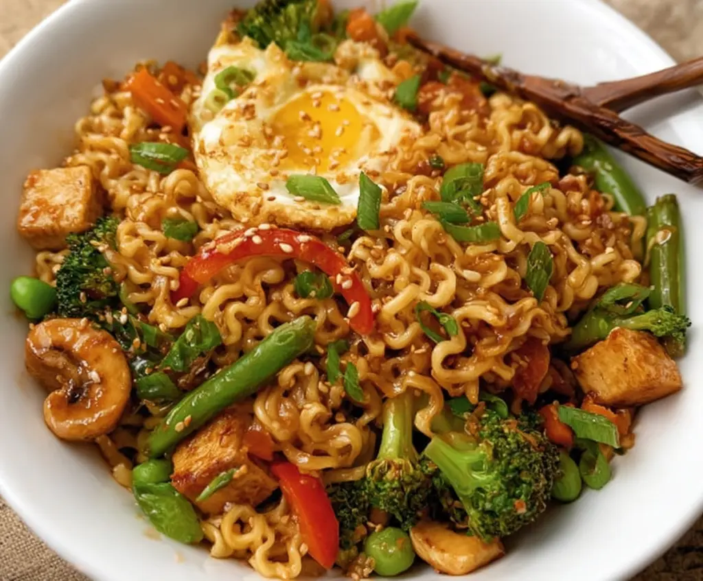 Delicious stir fry ramen noodles with vegetables and tender meat for a flavorful Asian-inspired meal.