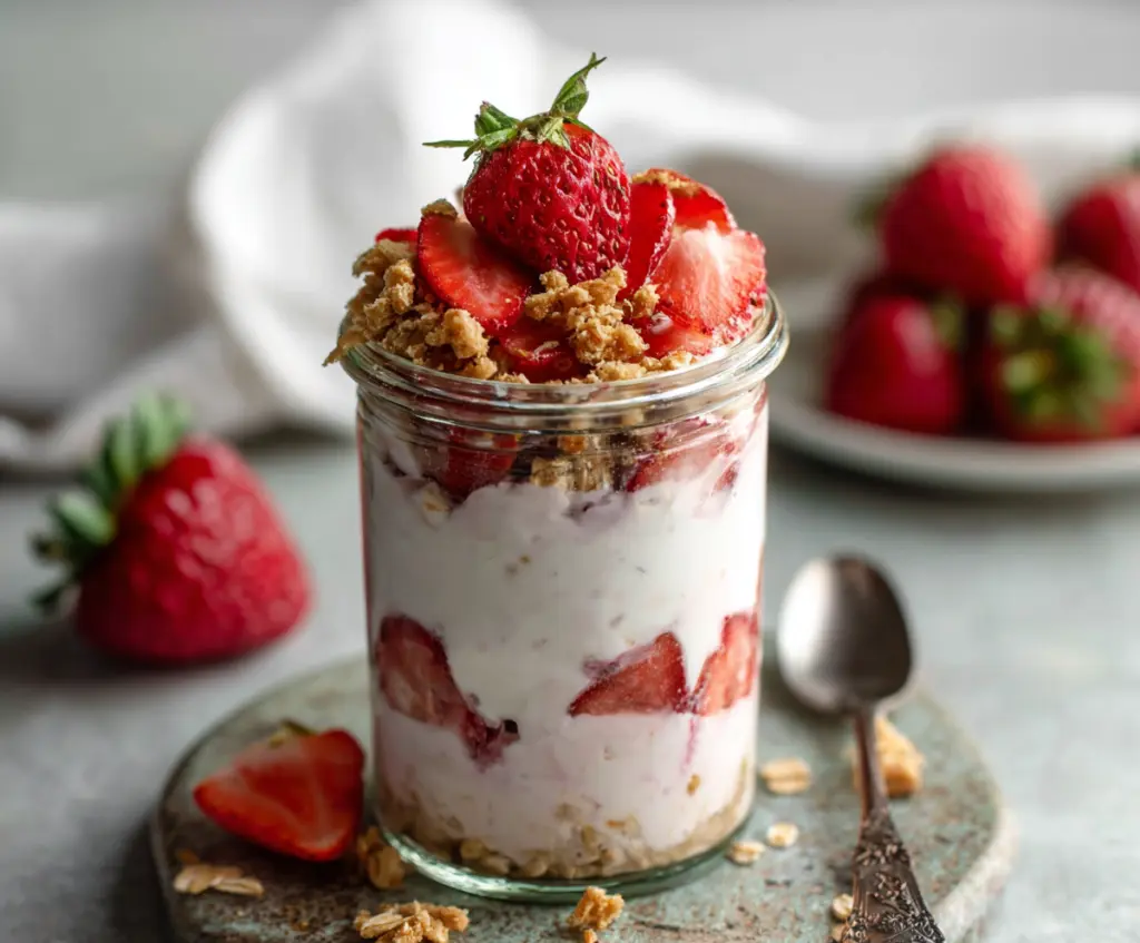 Creamy strawberry cheesecake overnight oats in a glass jar, topped with fresh strawberries and a graham cracker crumb crust.