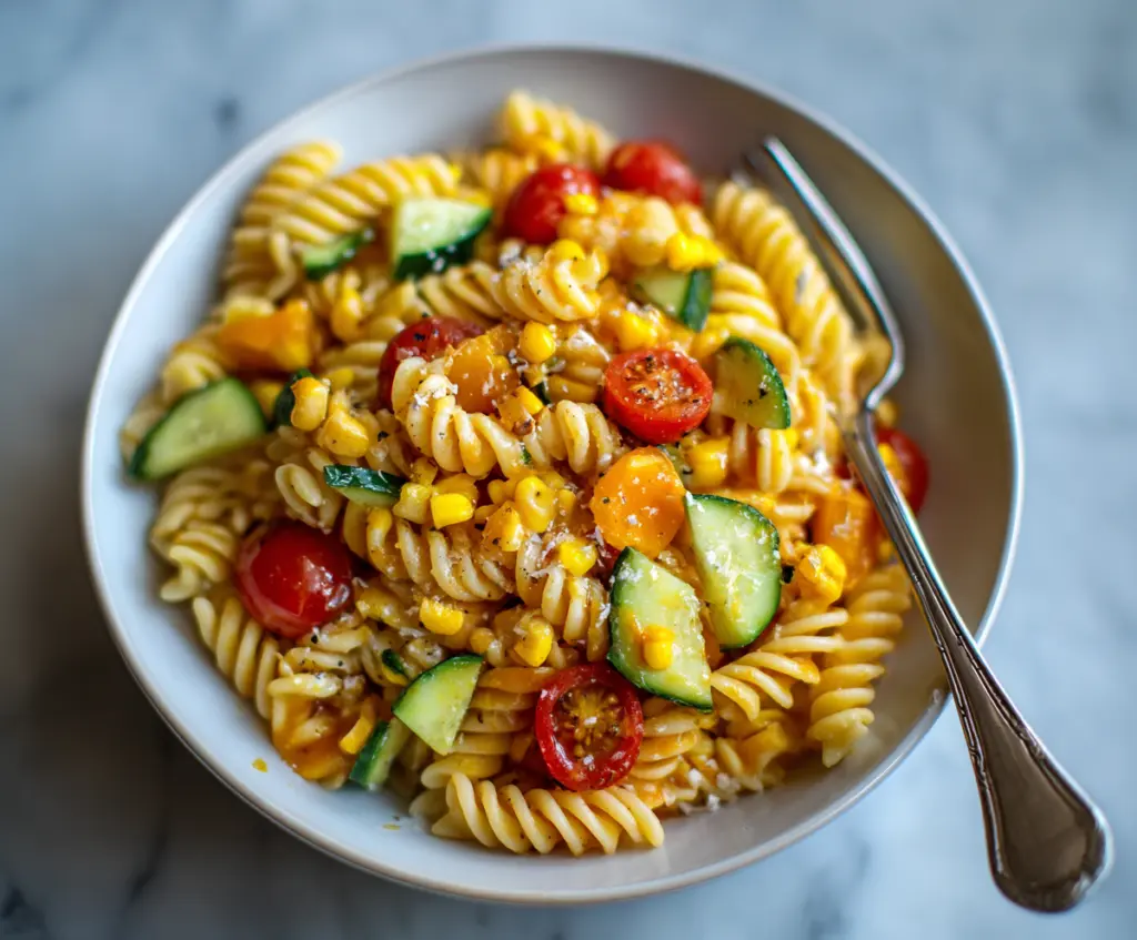 Delicious sweet corn pasta served with fresh herbs on a white plate