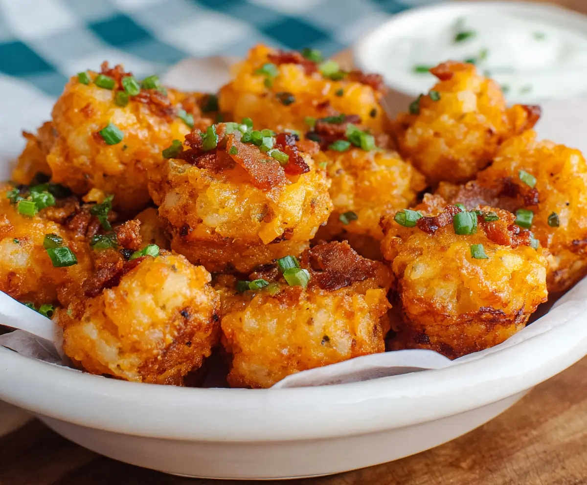 Delicious crispy Tater Tot Bites served with a side of dipping sauce, perfect for snacking or party appetizers.