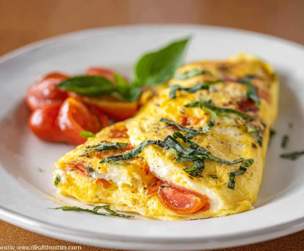Delicious Tomato Basil Omelet garnished with fresh basil leaves for a flavorful breakfast.
