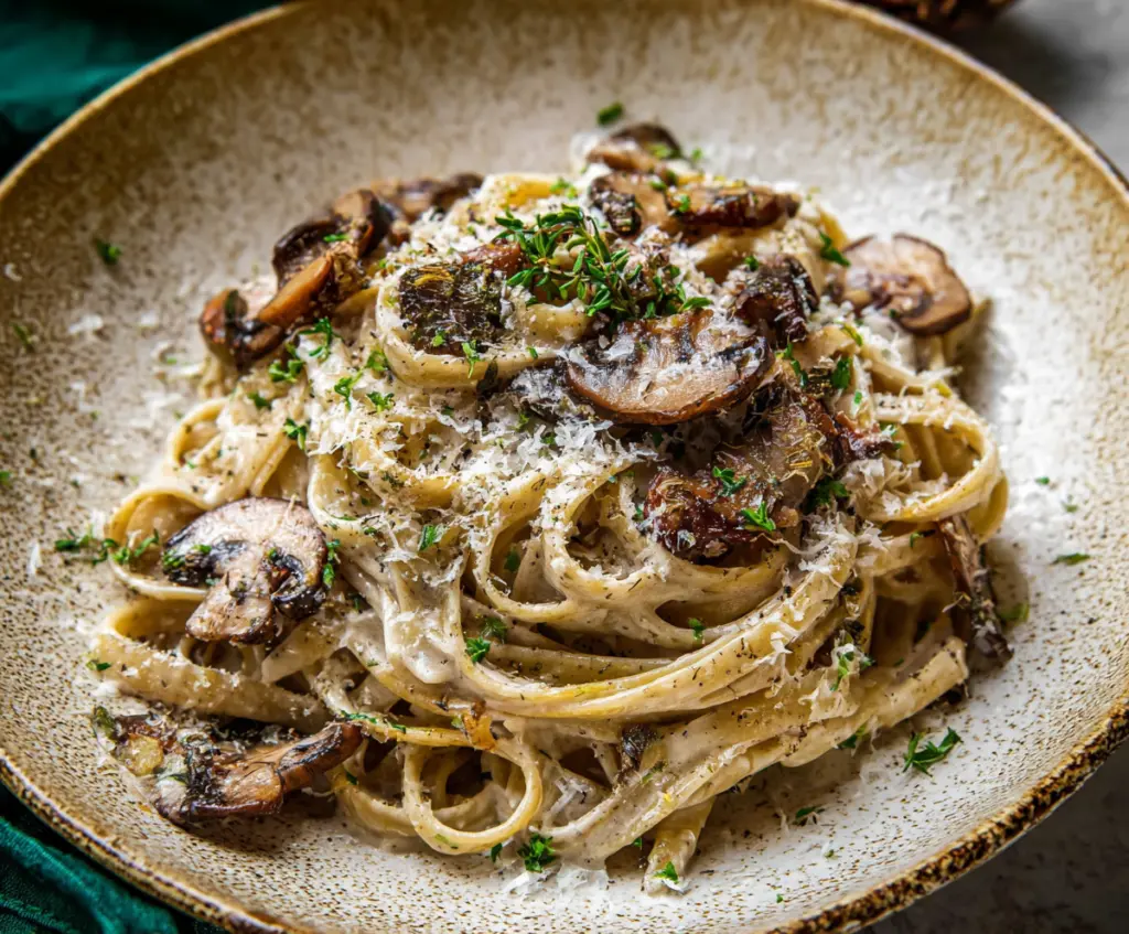Delicious truffle mushroom cream pasta served on a white plate, garnished with fresh herbs.