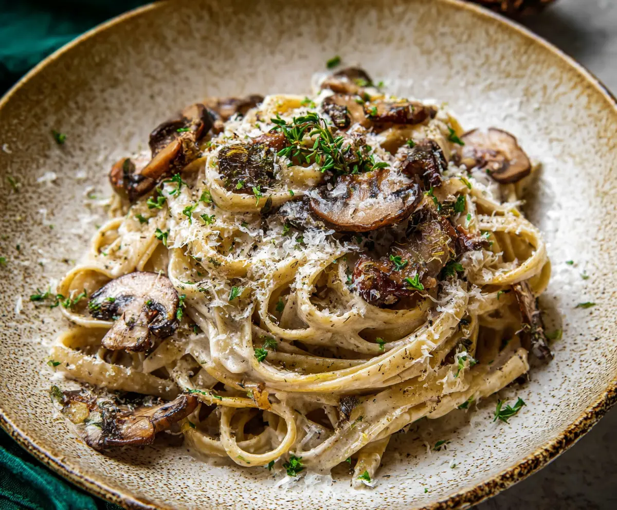 Delicious truffle mushroom cream pasta served on a white plate, garnished with fresh herbs.