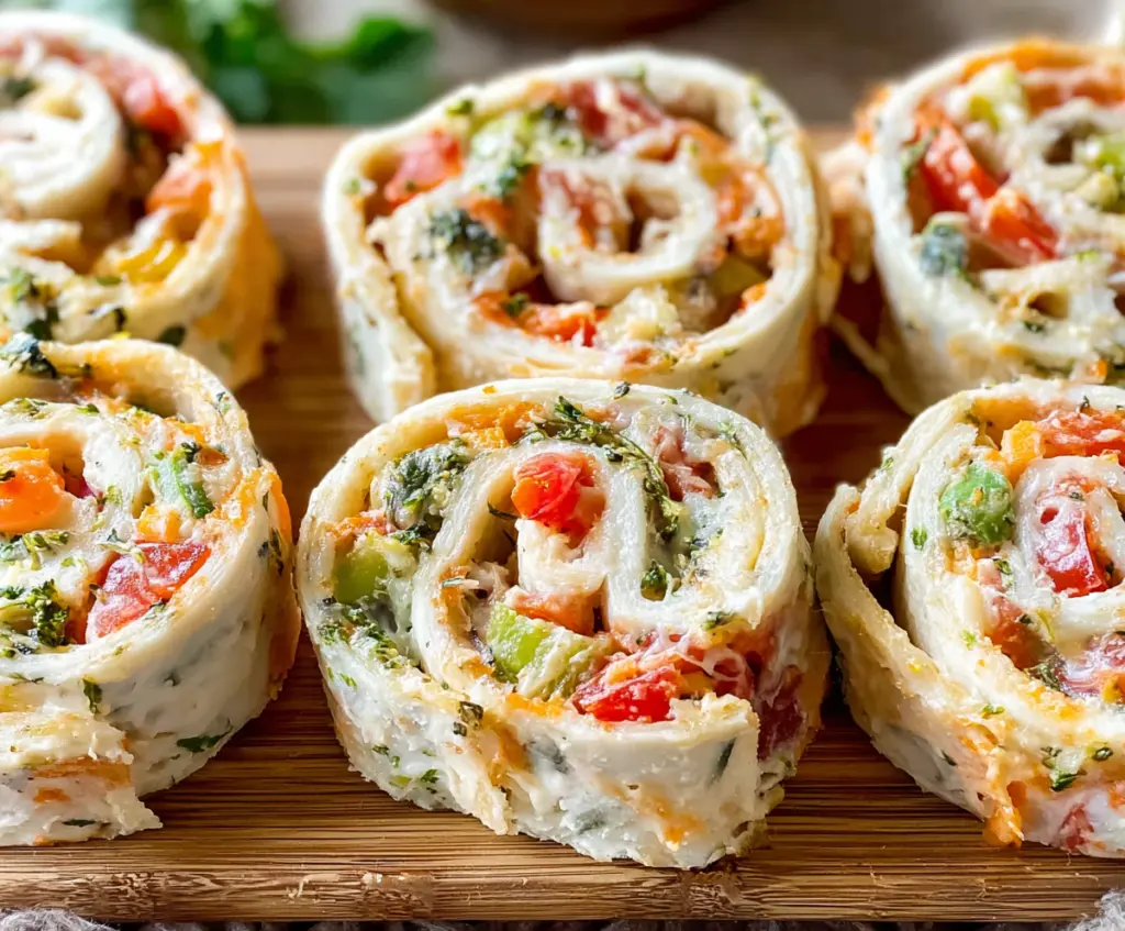 Fresh vegetable veggie pizza pinwheels with colorful bell peppers and melted cheese