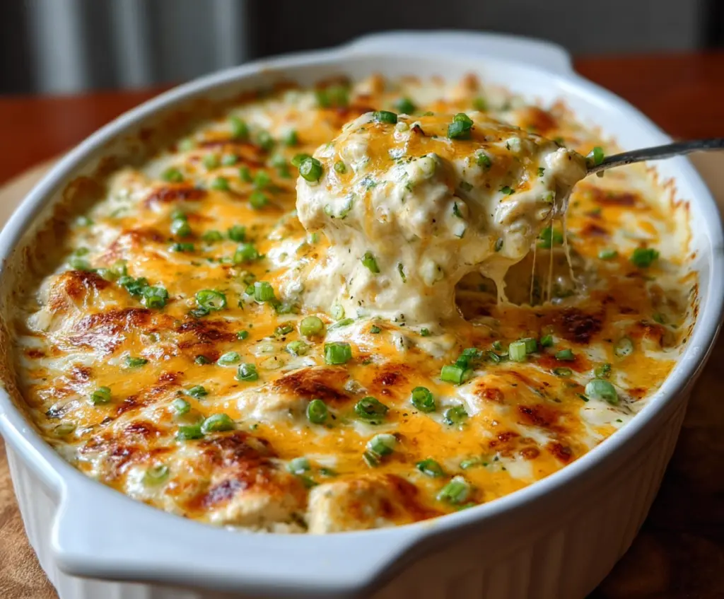 Creamy white chicken chili cottage cheese winter bake in a cozy oven dish.