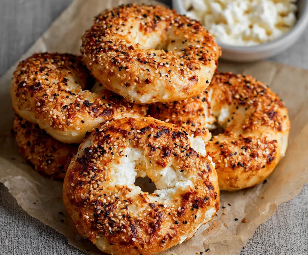 Delicious 3 Ingredient Air Fryer Cottage Cheese Bagels ready to enjoy for a healthy breakfast.