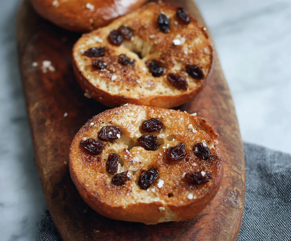 Delicious homemade 5-ingredient cinnamon raisin Greek yogurt bagels on a wooden cutting board.