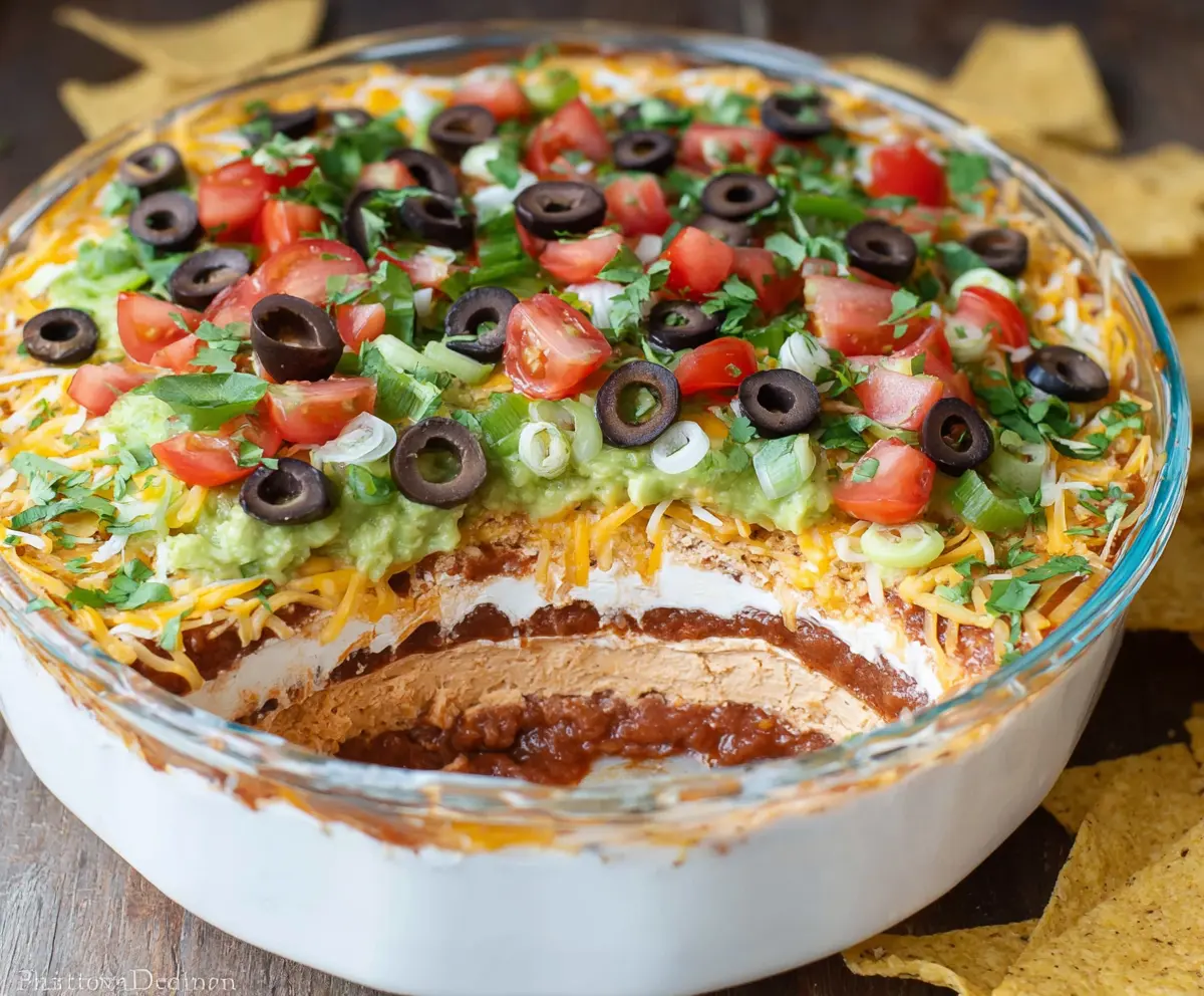 Delicious 7 Layer Bean Dip with beans, cheese, and fresh toppings served in a clear bowl.