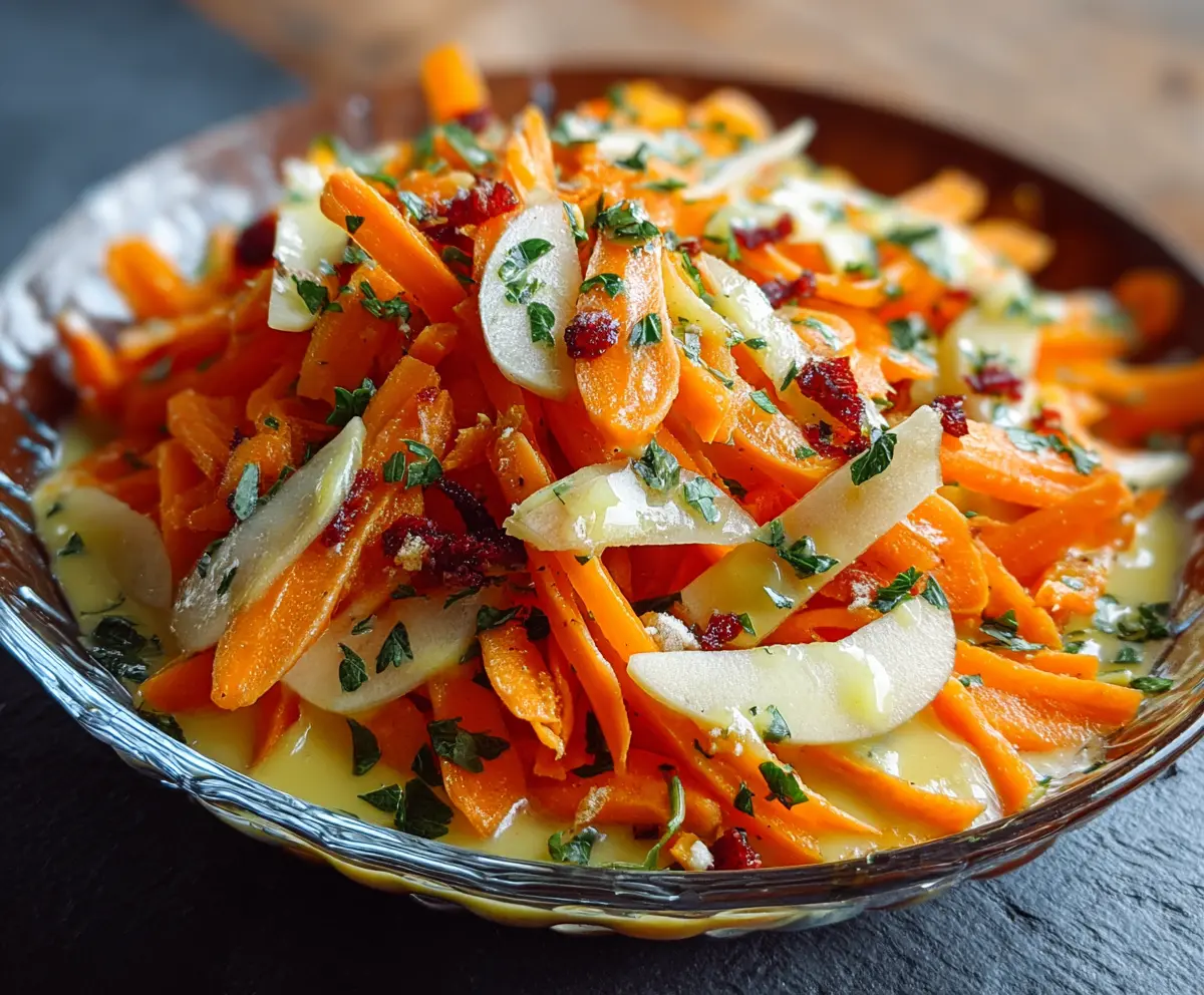 Fresh apple and carrot salad topped with a creamy citrus dressing, perfect for a healthy snack or side dish.