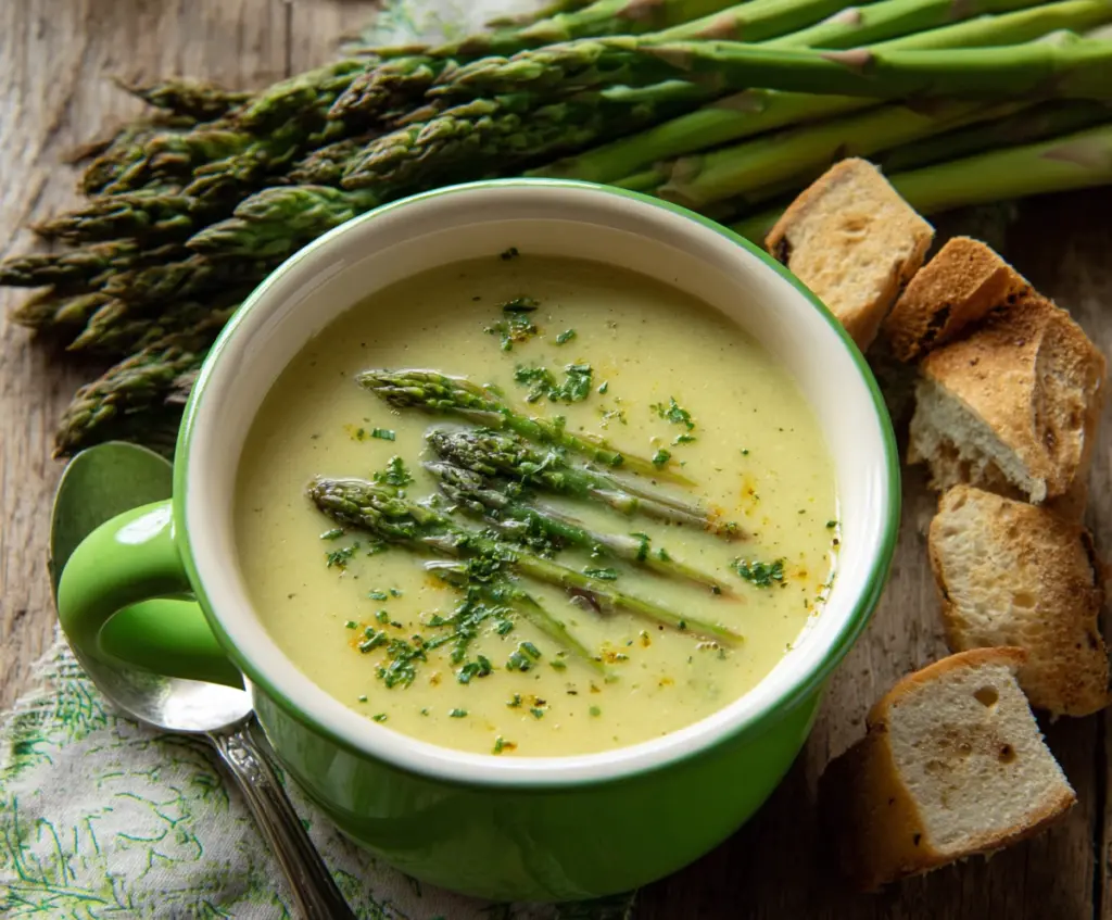 Creamy asparagus and leek soup served in a white bowl, garnished with fresh herbs.