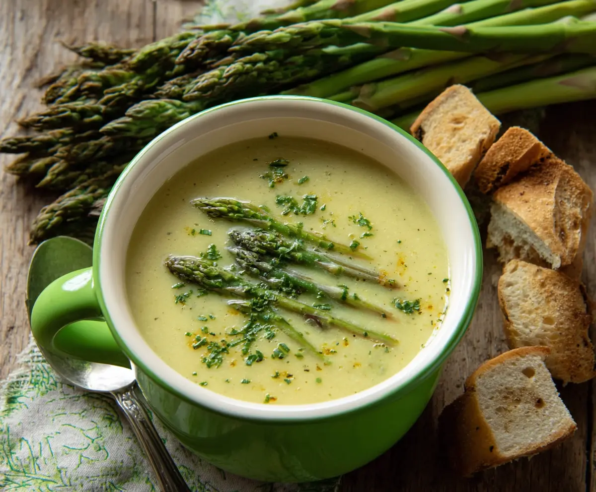 Creamy asparagus and leek soup served in a white bowl, garnished with fresh herbs.