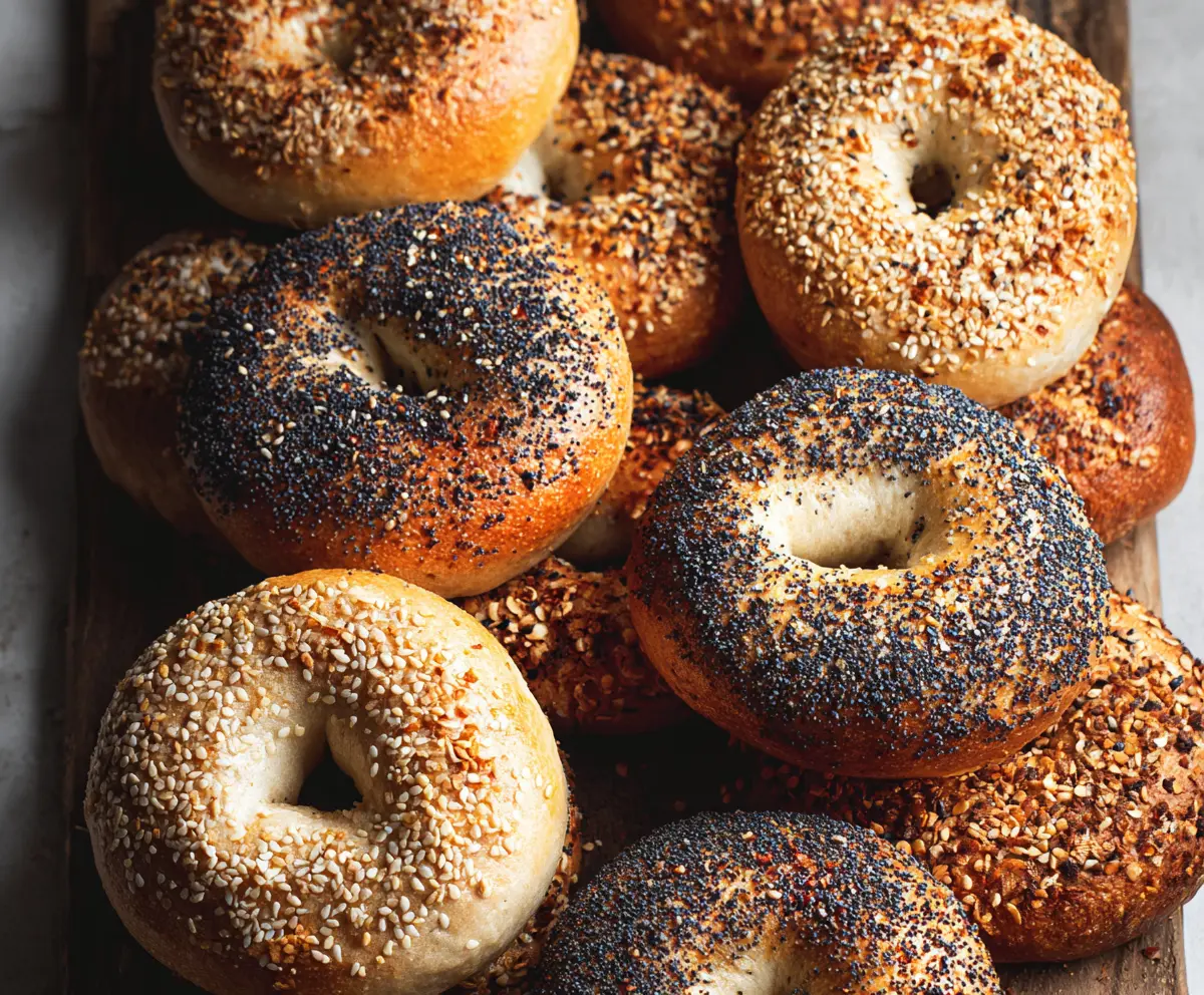 Freshly baked authentic New York style bagels on a wooden surface with sesame seeds.