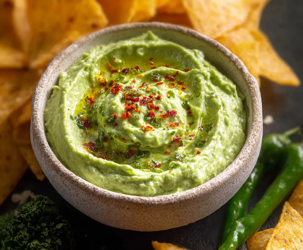 Creamy avocado dip served with fresh vegetables and chips, perfect for snacking.