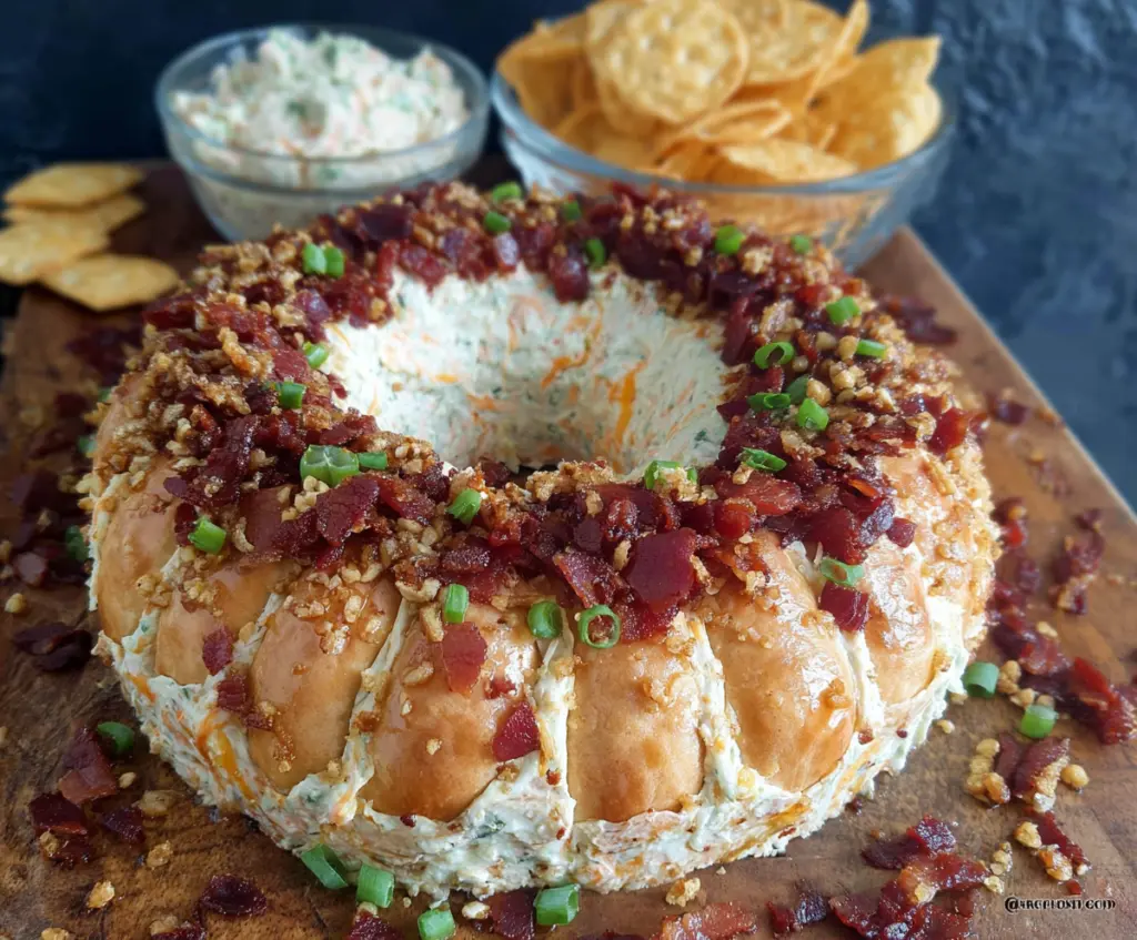 Delicious Bacon Cheese Ring Party Dip with crispy bacon and melted cheese in a circular shape.
