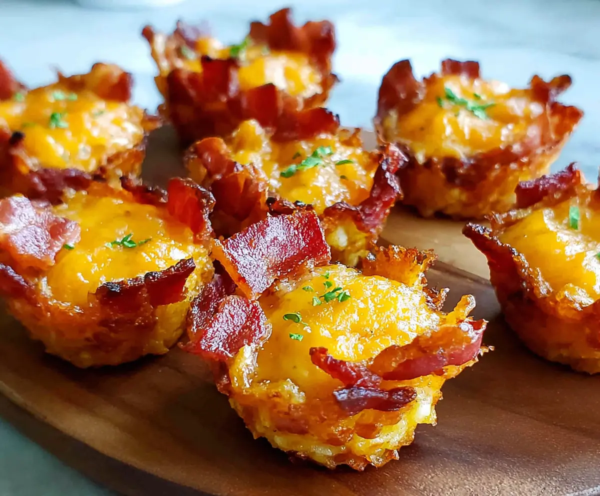 Delicious bacon-topped tater tot cups served on a plate, perfect for snack or appetizer.