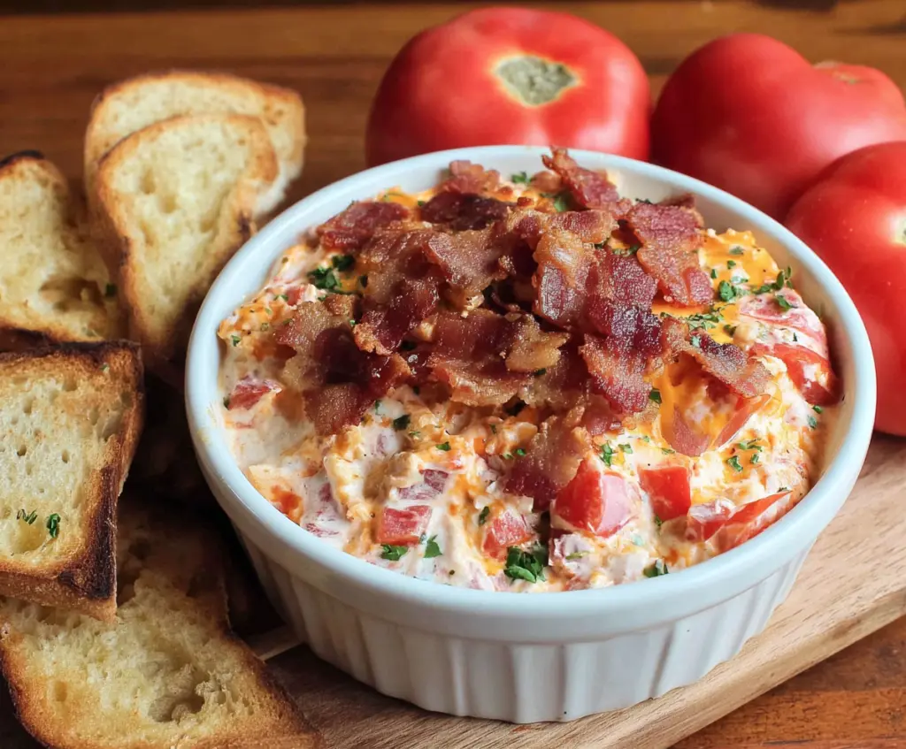 Delicious Bacon Tomato Dip served with fresh vegetables and crispy chips.