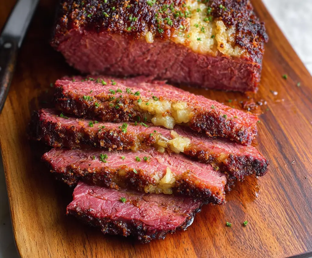 Delicious baked corned beef served with golden potatoes and fresh vegetables