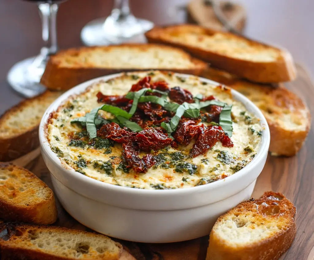 Delicious baked pesto and sun-dried tomato dip served in a bowl, perfect for appetizer or party snacks.