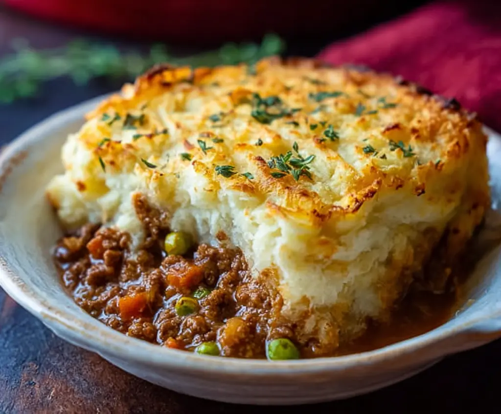 Delicious homemade Beef Shepherd's Pie with crispy mashed potato topping and savory beef filling