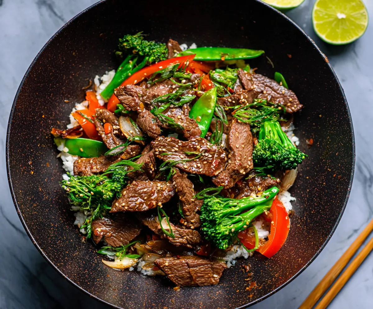 Delicious beef stir fry with colorful vegetables served in a bowl