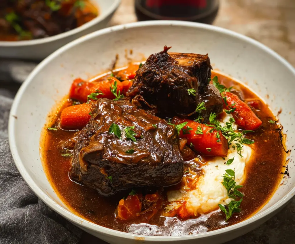 Delicious braised short ribs served with savory sauce and tender meat, perfect for a hearty meal.