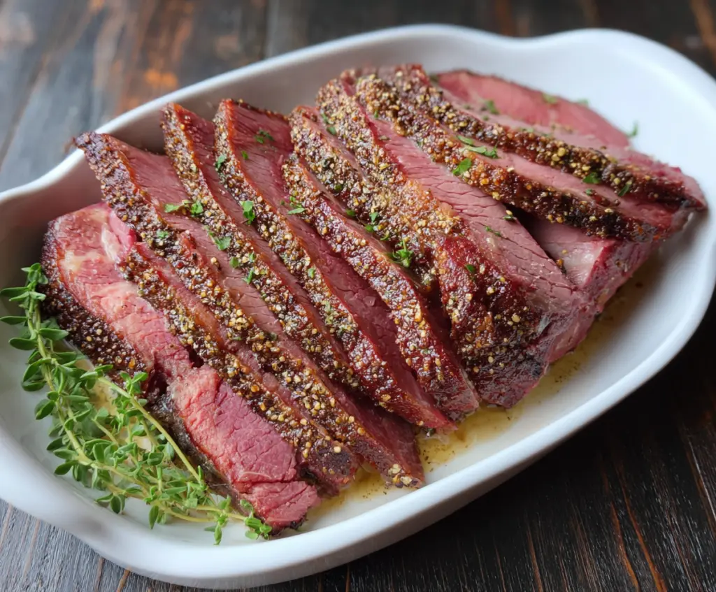 Delicious brown sugar Dijon glazed corned beef brisket roasted to perfection