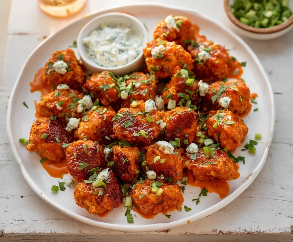 Spicy Buffalo Chicken Bites served with celery sticks and blue cheese dip on a plate
