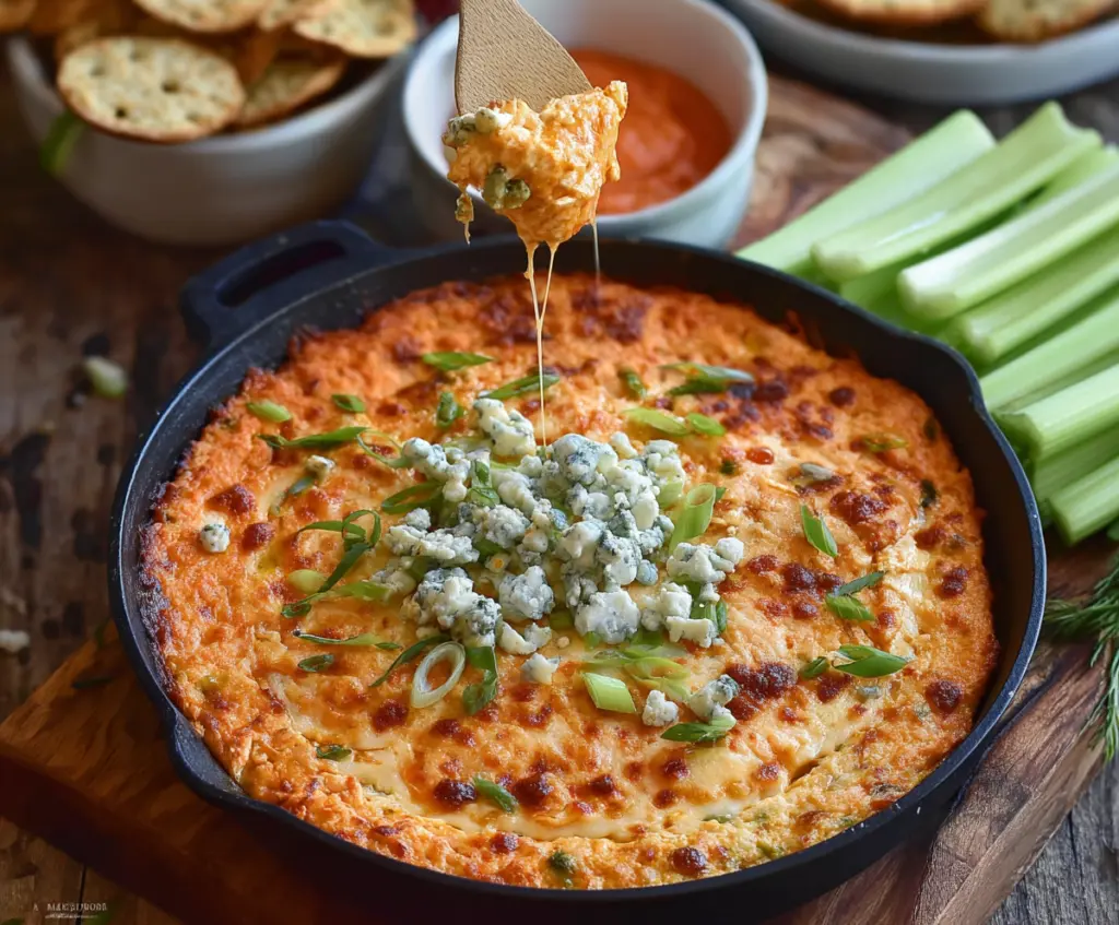 Creamy Buffalo Chicken Dip topped with blue cheese crumbles, perfect for game day snacks.