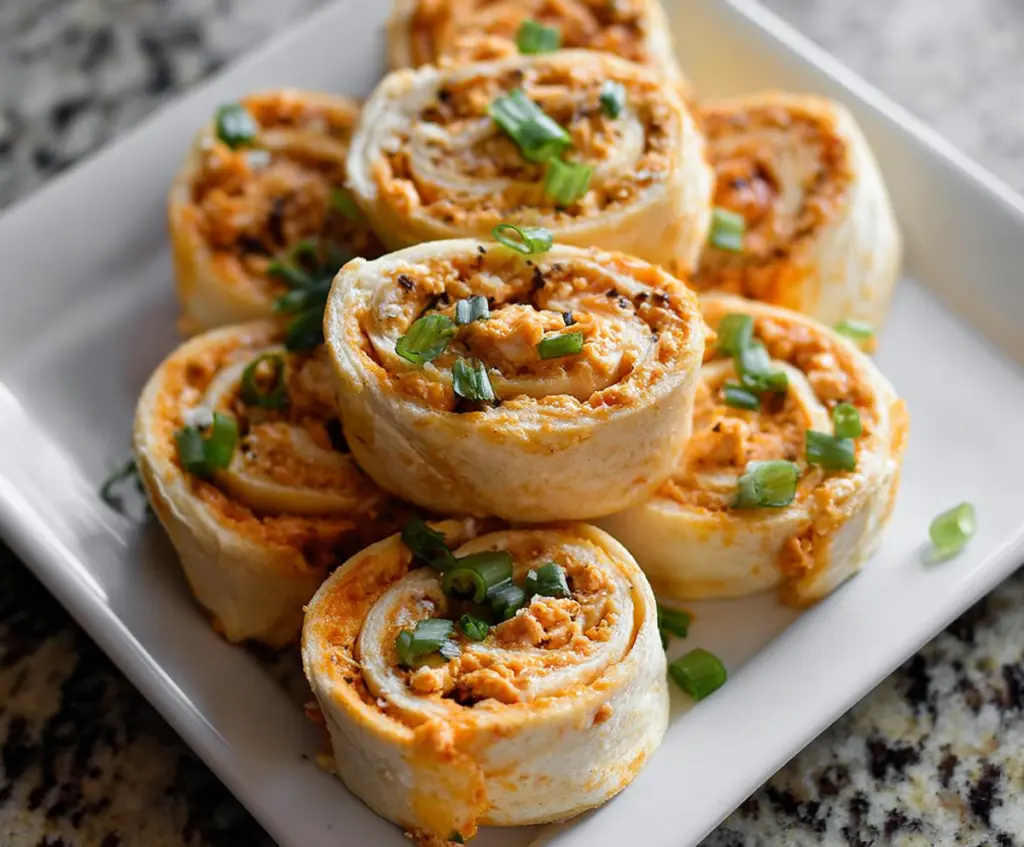 Creamy buffalo chicken pinwheels with a crispy tortilla crust, perfect for appetizers or snacks.