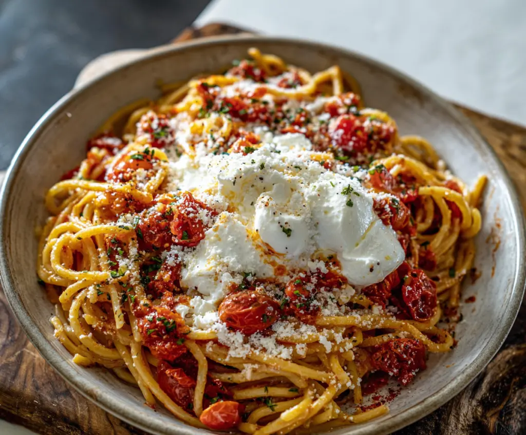 Delicious Burst Tomato Burrata Pasta garnished with fresh basil and olive oil, showcasing vibrant colors and fresh ingredients.