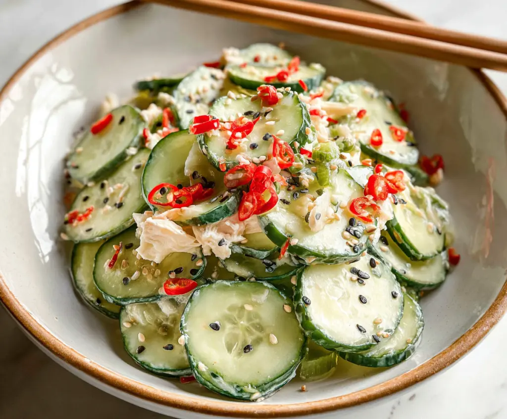 Fresh California Roll Cucumber Salad garnished with colorful vegetables, perfect for healthy dining.