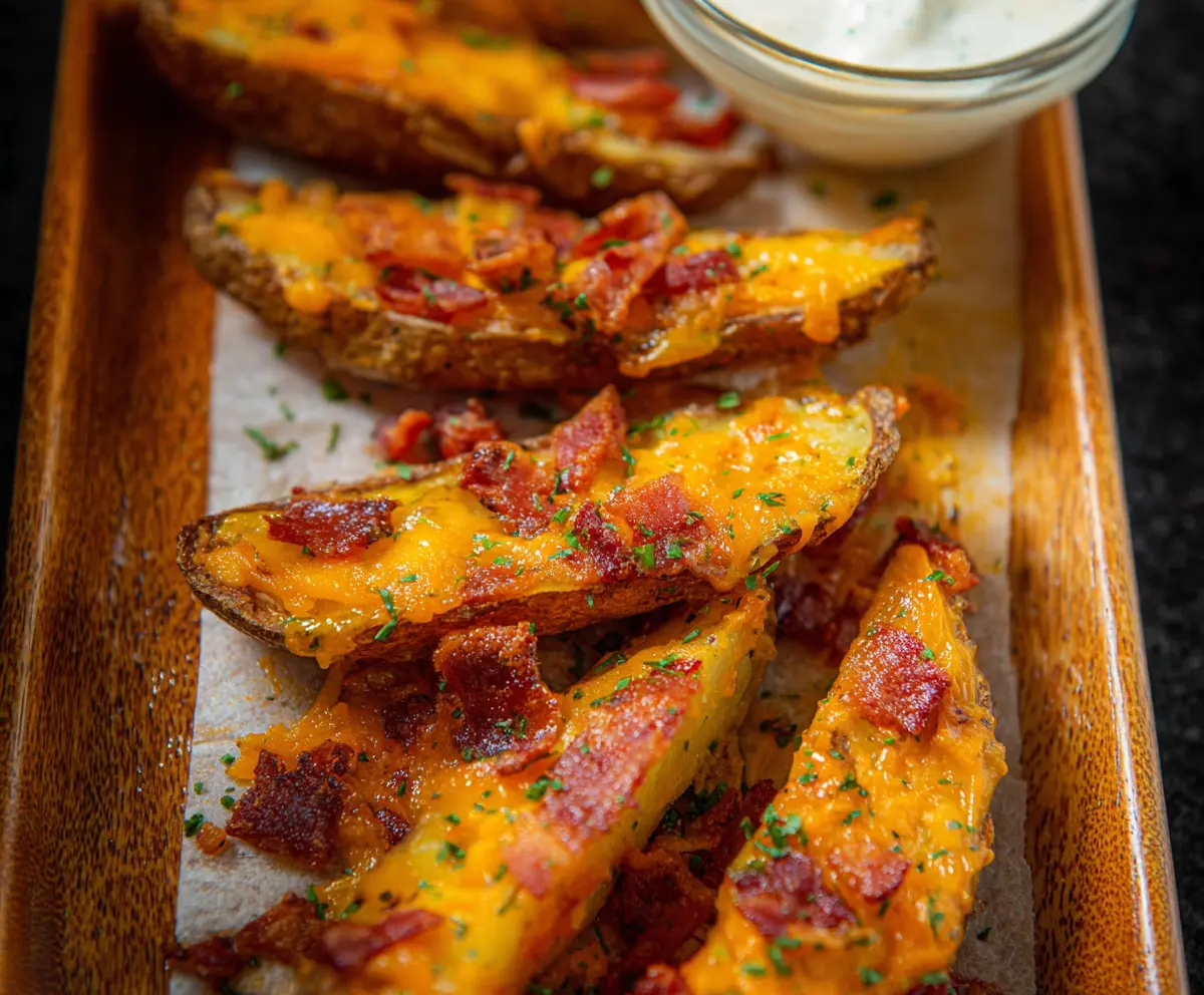 Delicious crispy cheddar bacon potato wedges served as a savory snack or side dish.