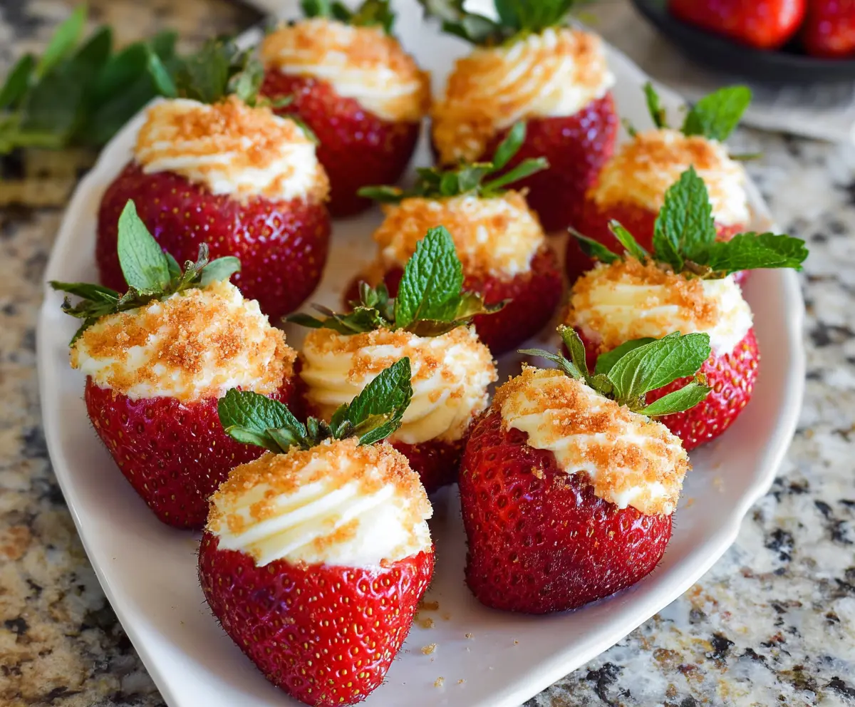 Delicious cheesecake stuffed strawberries topped with chocolate and fresh berries.