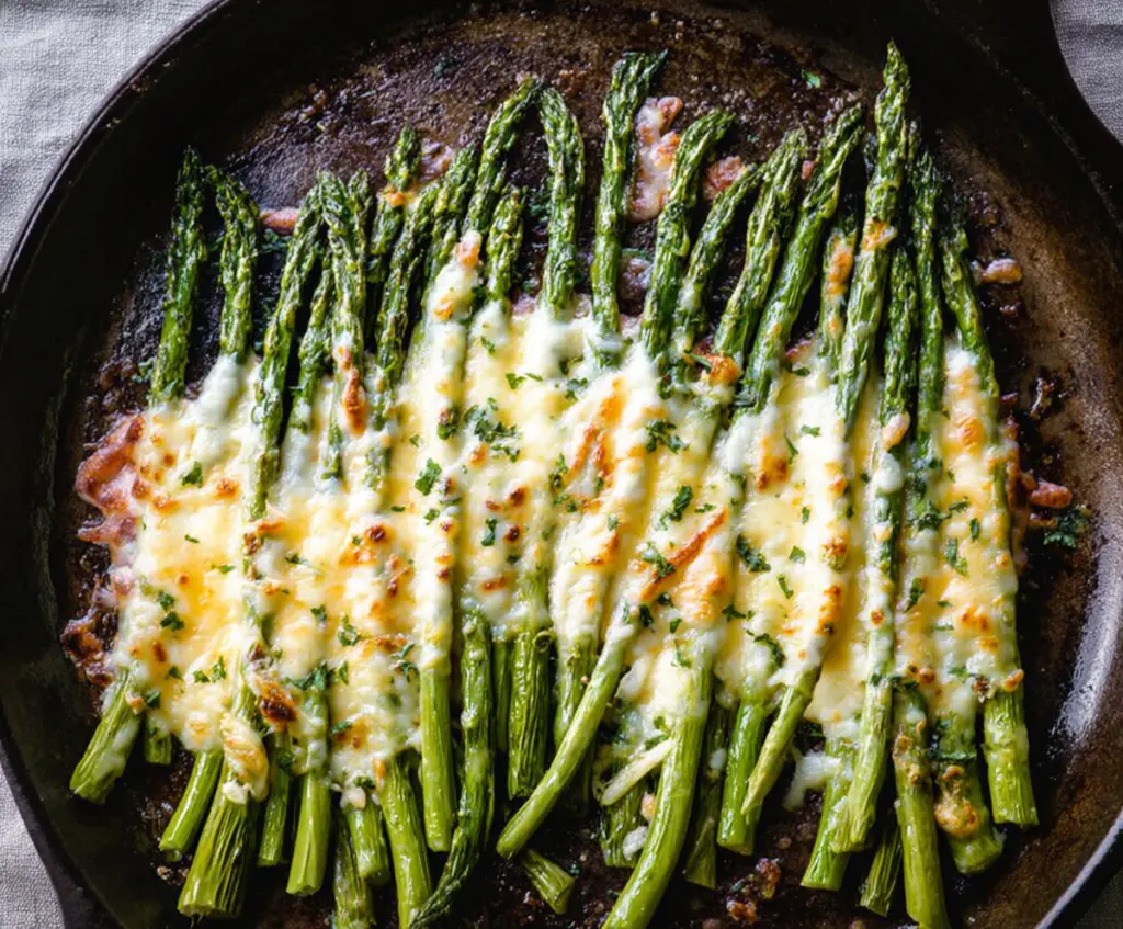 Delicious cheesy baked asparagus garnished with melted cheese and fresh herbs, perfect as a healthy appetizer.