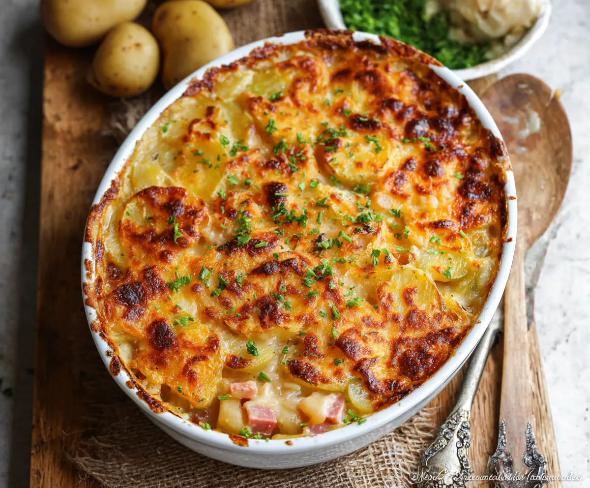 Delicious cheesy ham and potato casserole served in a baking dish, perfect for family dinner.