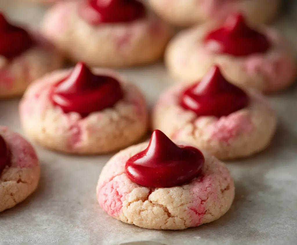 Delicious cherry kiss cookies with vibrant red cherries and smooth chocolate coating, perfect for desserts and treats.