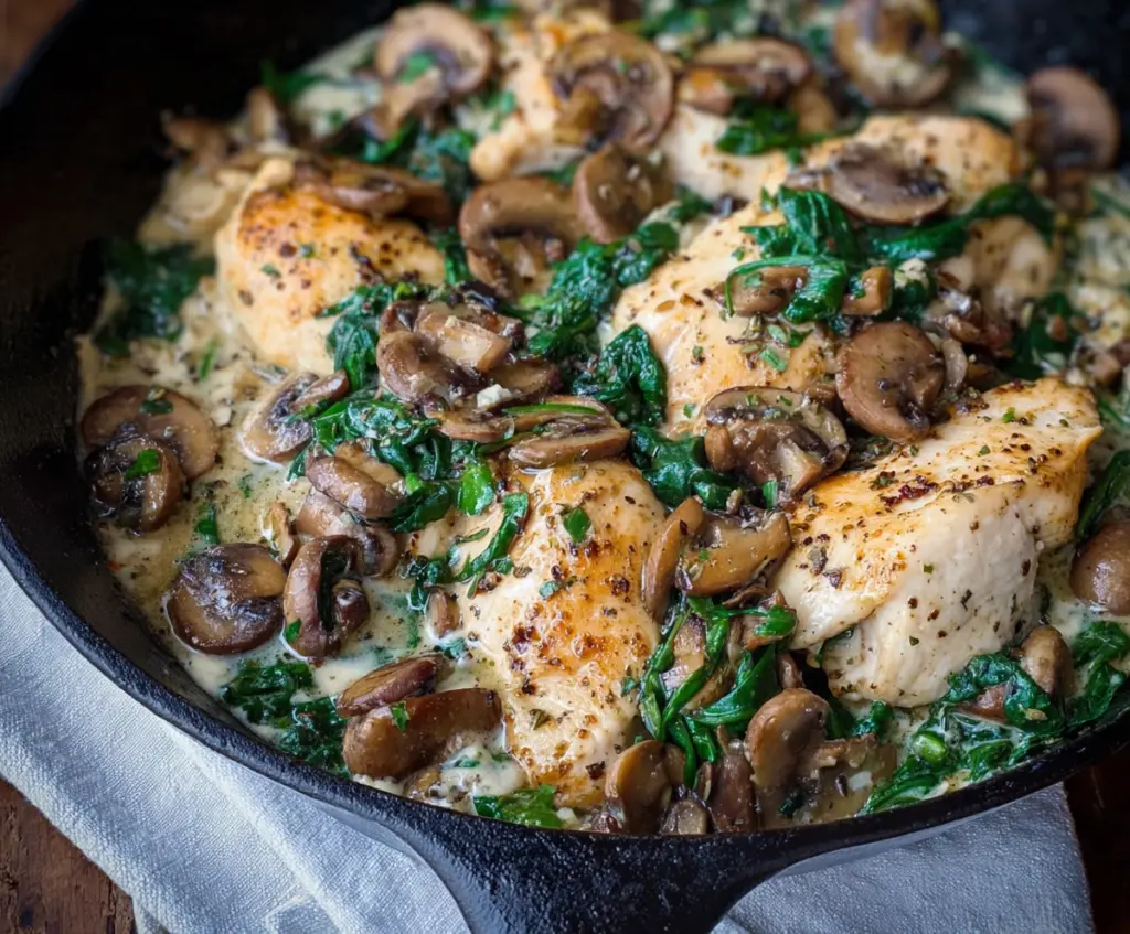 Delicious chicken mushroom spinach skillet meal served in a white bowl with fresh herbs
