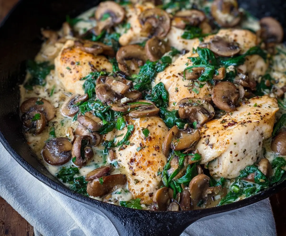 Delicious chicken mushroom spinach skillet meal served in a white bowl with fresh herbs