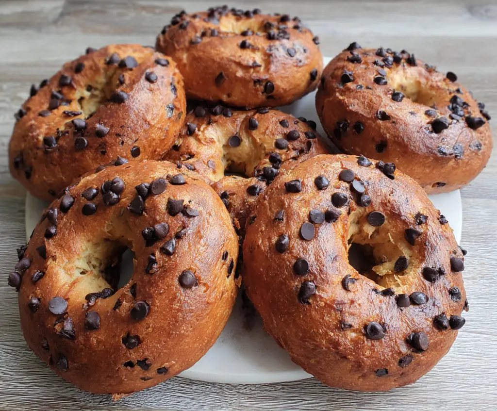 Delicious homemade chocolate chip bagels on a plate, perfect for breakfast or snack.