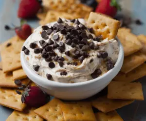 Creamy chocolate chip dessert dip served with fresh fruits for a sweet snack