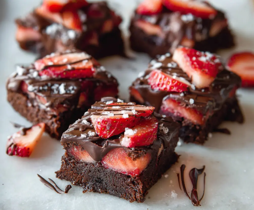 Delicious chocolate-covered strawberries atop rich brownie squares, perfect for dessert lovers.
