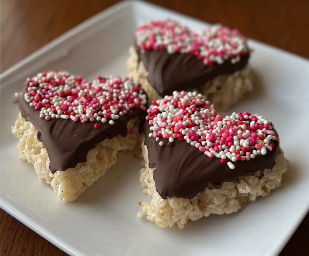Chocolate dipped heart-shaped Rice Krispies treats perfect for Valentine's Day dessert.