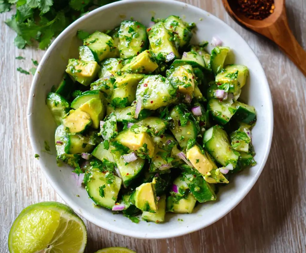 Fresh cilantro lime cucumber salad with creamy avocado slices served in a bowl.